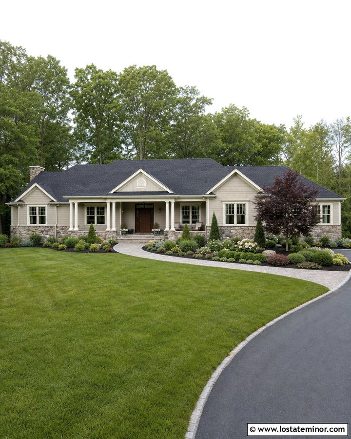 Greige Ranch House With Layered Landscaping - 30 Greige House Design With Front Yard Ideas