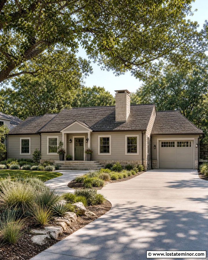 Greige Ranch House With Limestone Chimney - 30 Greige House Design With Chimney Ideas