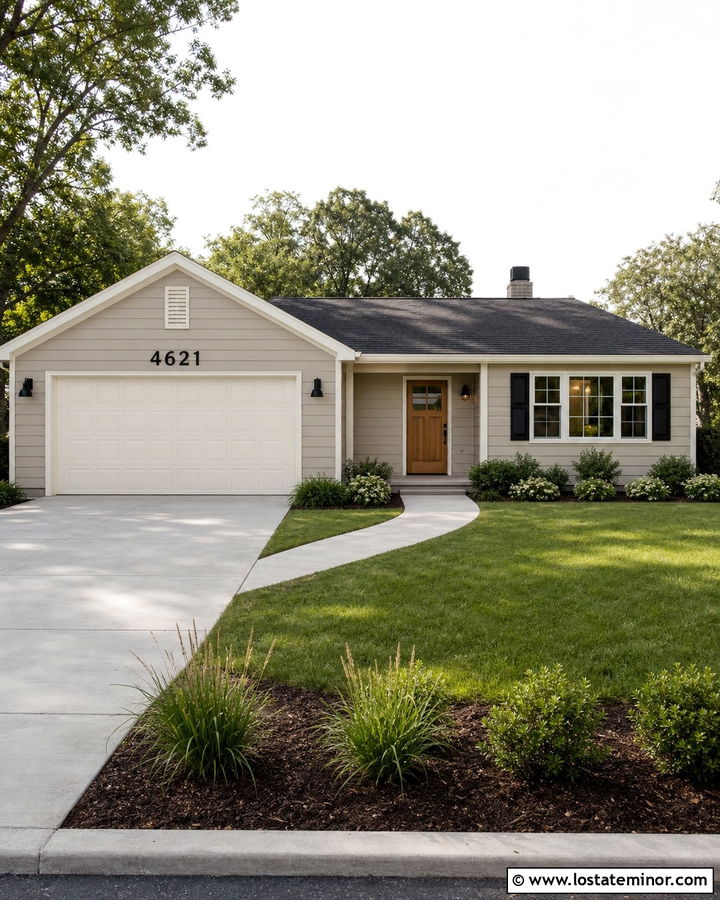 Greige Ranch House With Numbers Above Garage - 30 Greige House Design With House Numbers Ideas