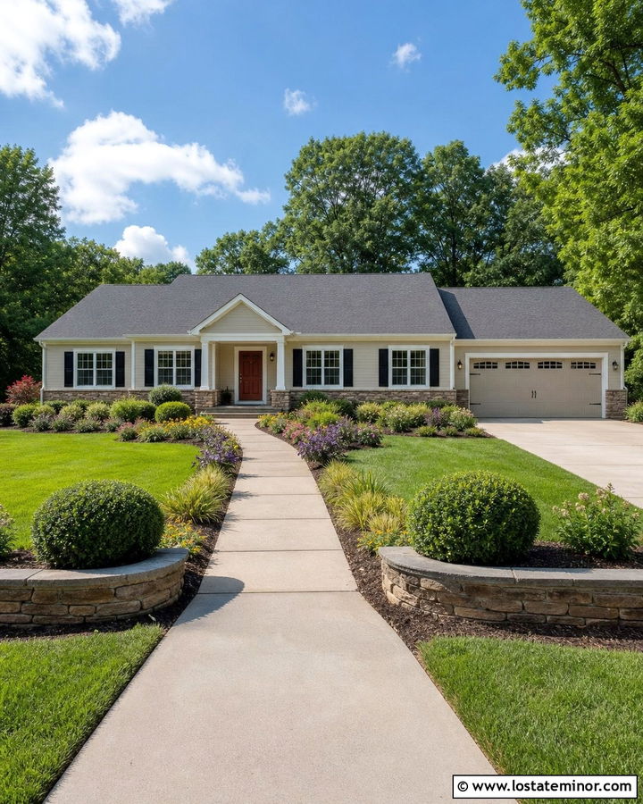 Greige Ranch House With Red Front Door - 30 Greige House Design With Entry Door Ideas