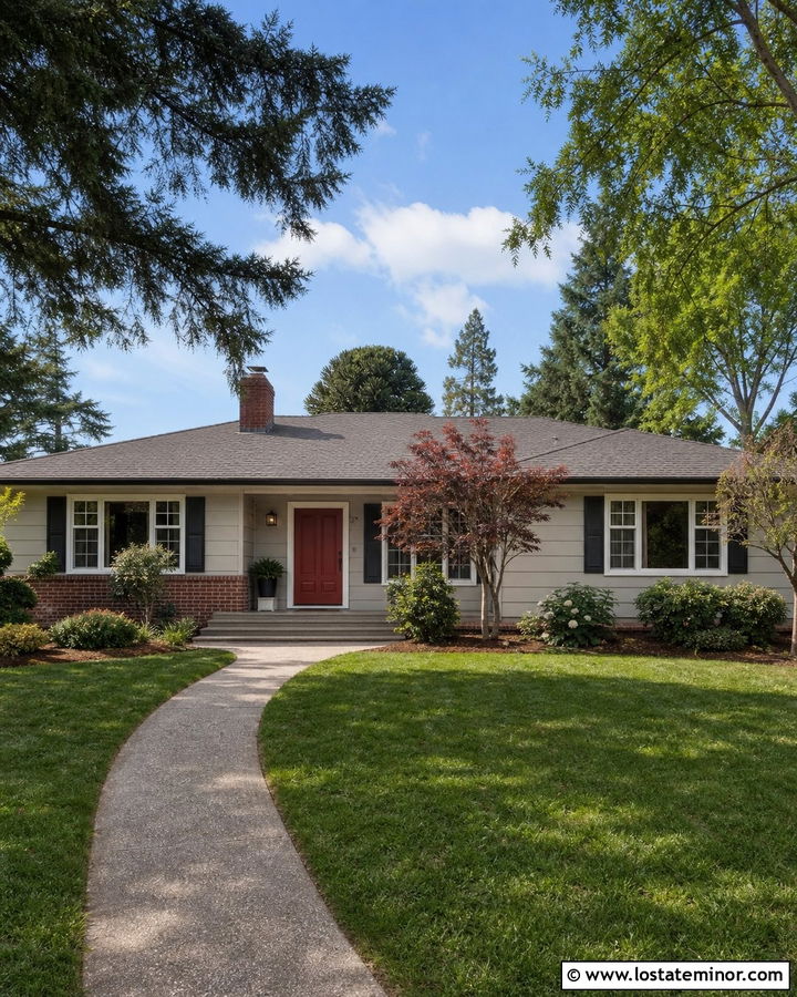 Greige Ranch House With Red Front Door - 30 Greige House Design With Front Door Ideas