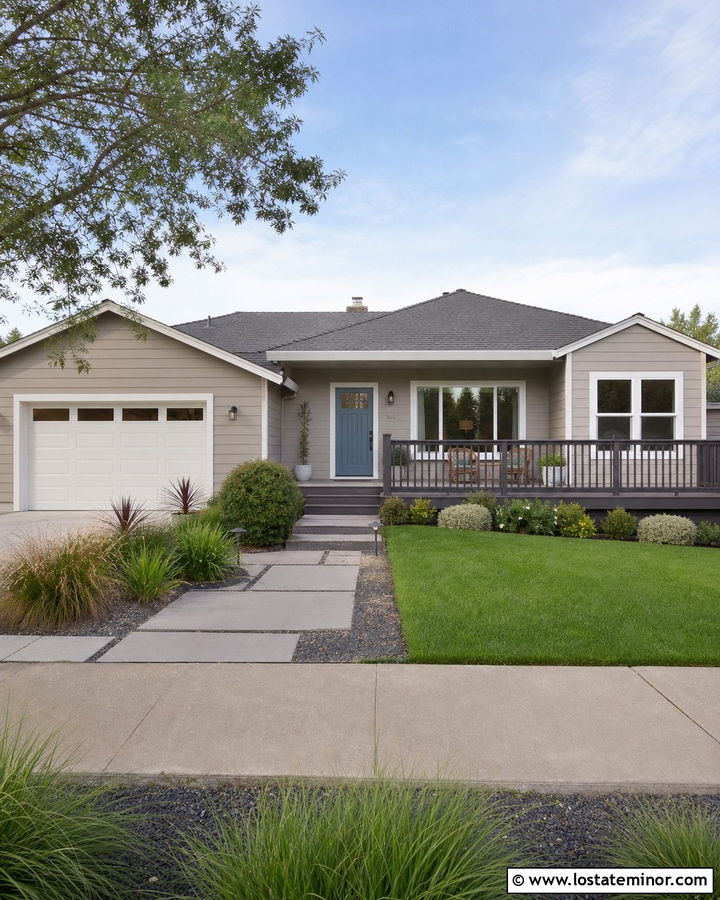 Greige Ranch House With Weathered Gray Deck - 30 Greige House Design With Deck Ideas