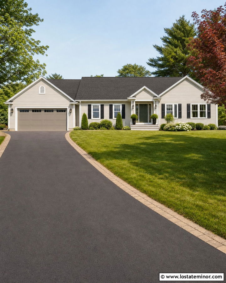 Greige Ranch With Asphalt Driveway - 30 Greige House Design With Driveway Ideas