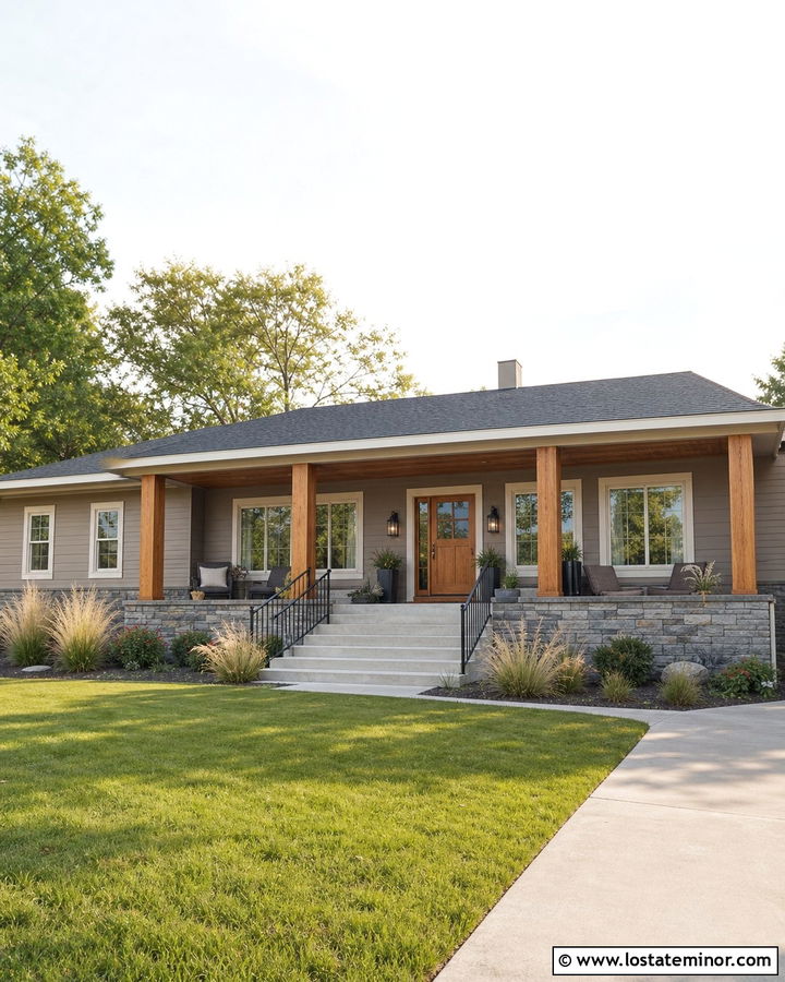 Greige Ranch With Cedar Porch Columns - 30 Greige House Design With Porch Columns Ideas