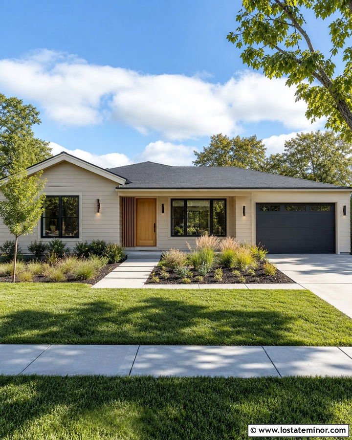 Greige Ranch With Modern Cylinder Lighting - 30 Greige House Design With Lighting Ideas