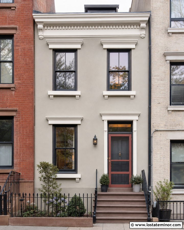 Greige Row House With Red Screen Door - 30 Greige House Design With Screen Door Ideas