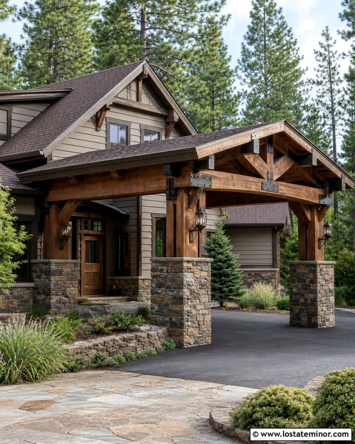 Greige Rustic House With Stone Carport Columns - 30 Greige House Design With Carport Ideas