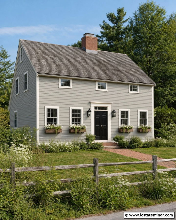 Greige Saltbox House With Cedar Window Boxes - 30 Greige House Design With Window Boxes Ideas