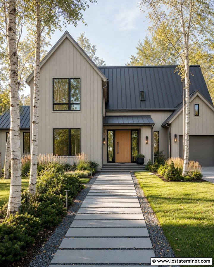 Greige Scandinavian House With Granite Paver Walkway - 30 Greige House Design With Walkway Ideas