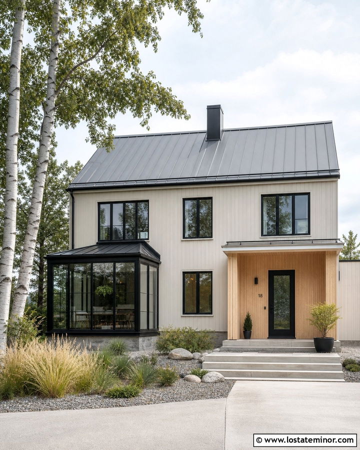 Greige Scandinavian House With Minimal Sunroom - 30 Greige House Design With Sunroom Ideas