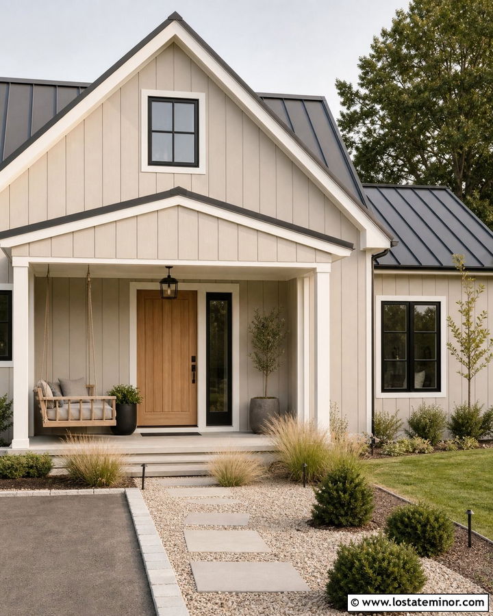Greige Scandinavian House With Natural Swing - 30 Greige House Design With Swing Ideas