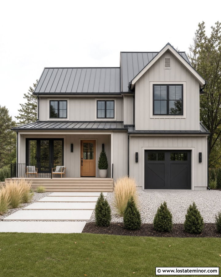 Greige Scandinavian House With Pale Wood Deck - 30 Greige House Design With Deck Ideas