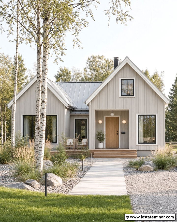 Greige Scandinavian House With White Globe Lighting - 30 Greige House Design With Lighting Ideas