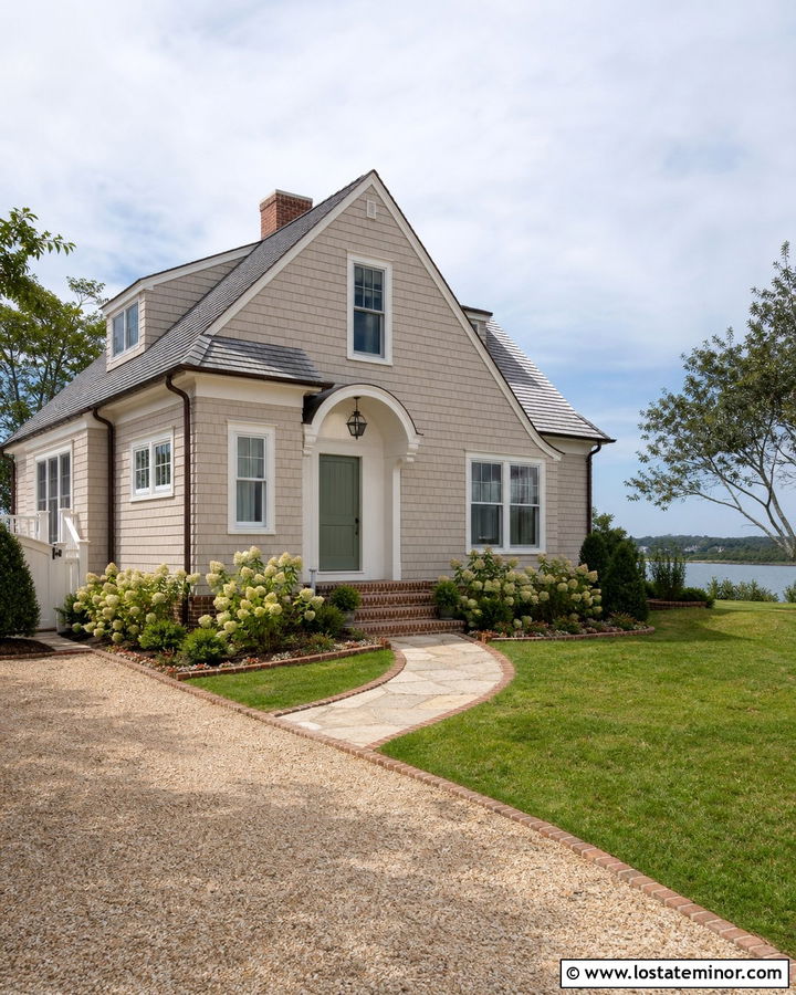 Greige Shingle House With Brick Foundation - 30 Greige House Design With Brick Accents Ideas