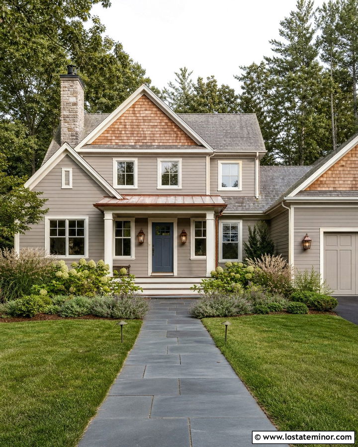 Greige Shingle House With Copper Sconce Lighting - 30 Greige House Design With Lighting Ideas
