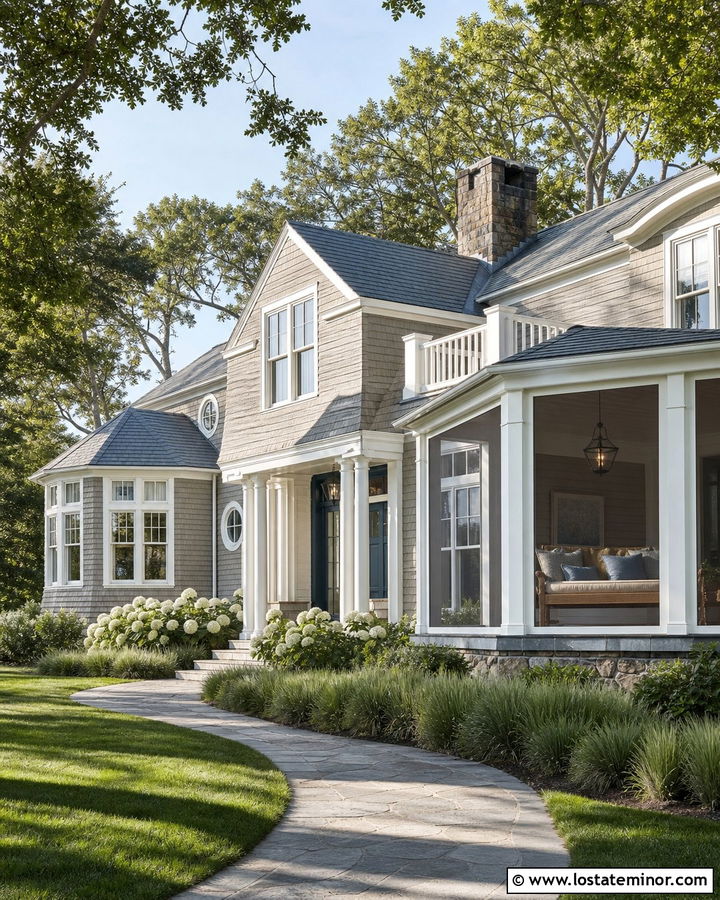 Greige Shingle House With Sun Porch Daybed - 30 Greige House Design With Daybed Ideas