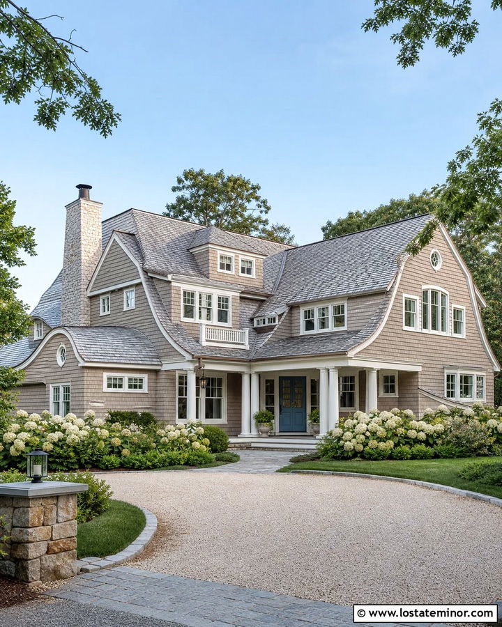 Greige Shingle Style House With White Trim - 30 Greige House Design With Shingles Ideas