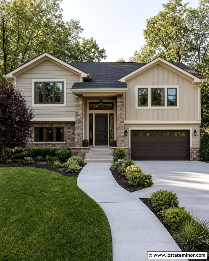 Greige Siding And Brown Stone House - 30 Stone House Design With Siding Ideas