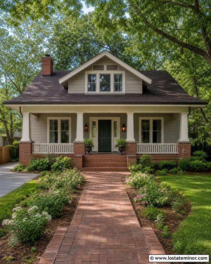 Greige Siding With A Brick Porch - 30 Greige House Design With Siding Ideas