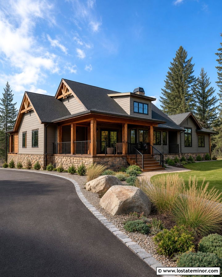 Greige Siding With A Cedar Porch - 30 Greige House Design With Siding Ideas