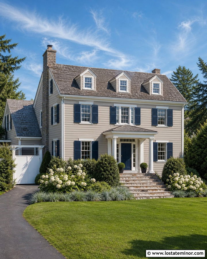Greige Siding With Navy Shutters - 30 Greige House Design With Siding Ideas