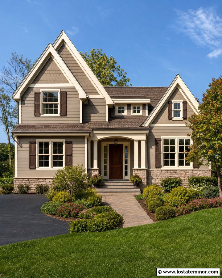 Greige Siding With Shake Gables - 30 Greige House Design With Siding Ideas