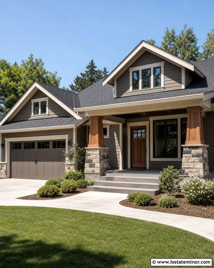 Greige Siding With Stone Porch Columns - 30 Greige House Design With Siding Ideas