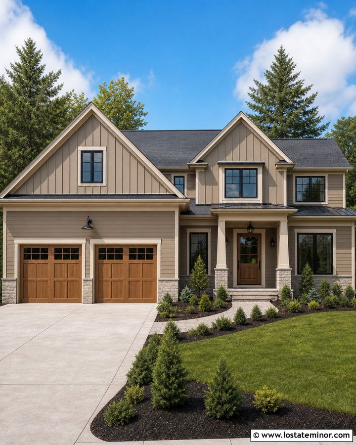 Greige Siding With Wood Garage Doors - 30 Greige House Design With Siding Ideas