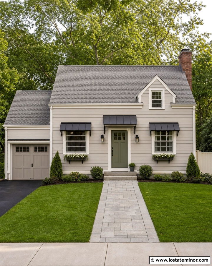 Greige Small House With Door And Window Awnings - 30 Greige House Design With Awning Ideas
