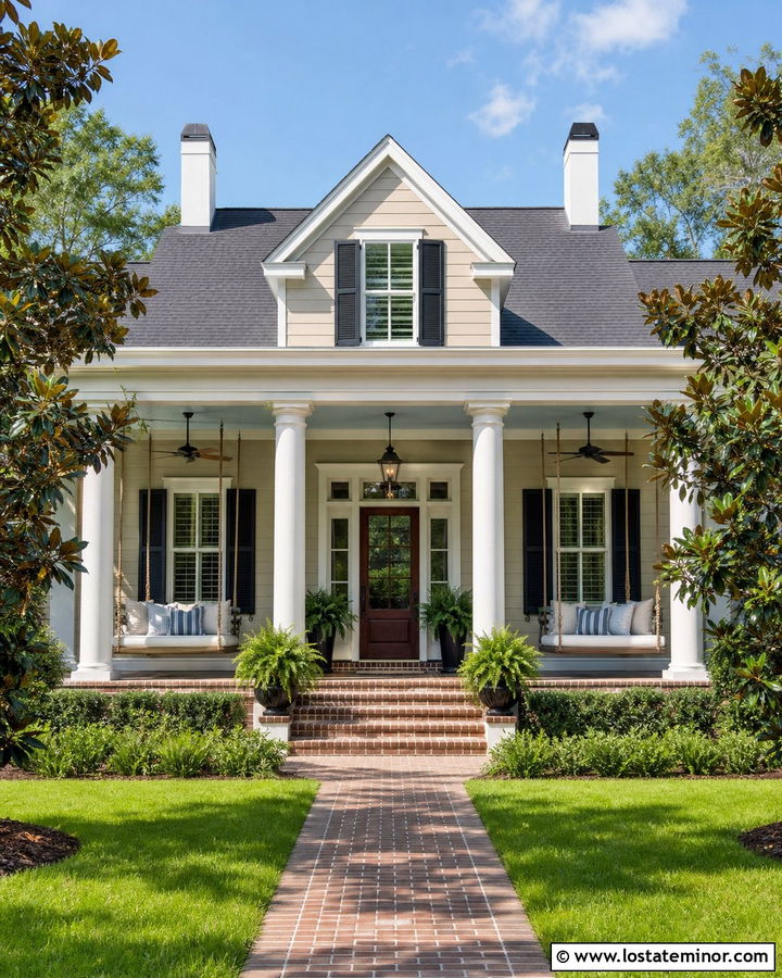 Greige Southern House With Twin Porch Daybeds - 30 Greige House Design With Daybed Ideas