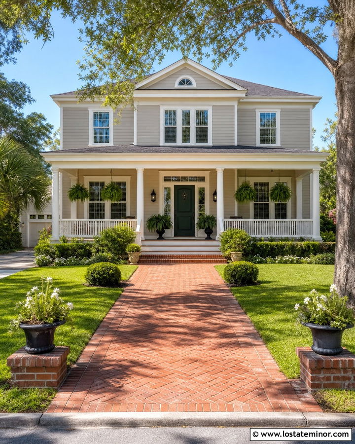 Greige Southern House With Wide Brick Walkway - 30 Greige House Design With Walkway Ideas