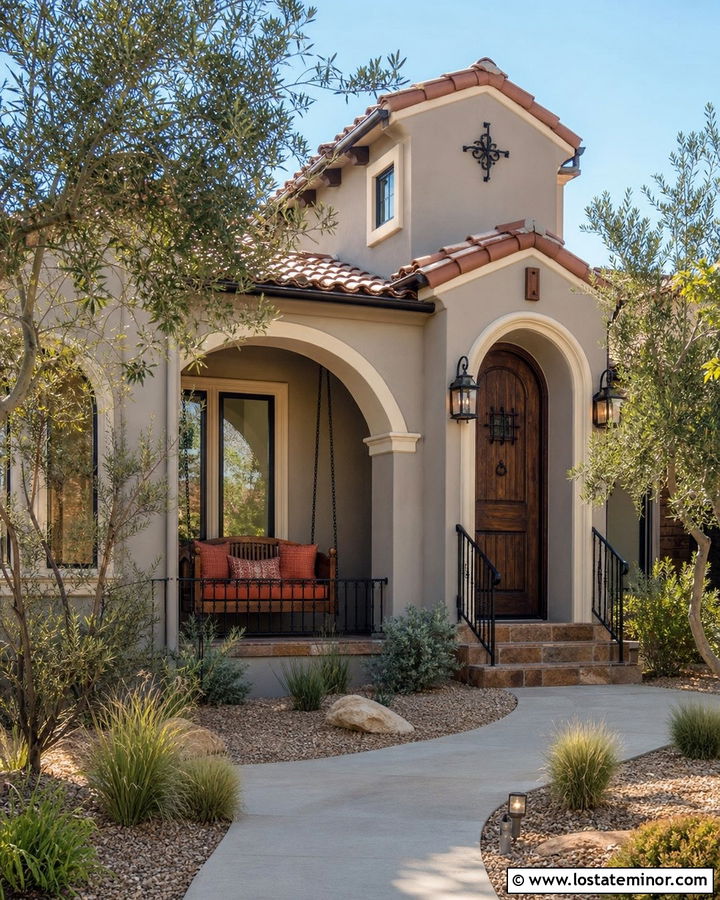Greige Spanish House With Wood Swing - 30 Greige House Design With Swing Ideas
