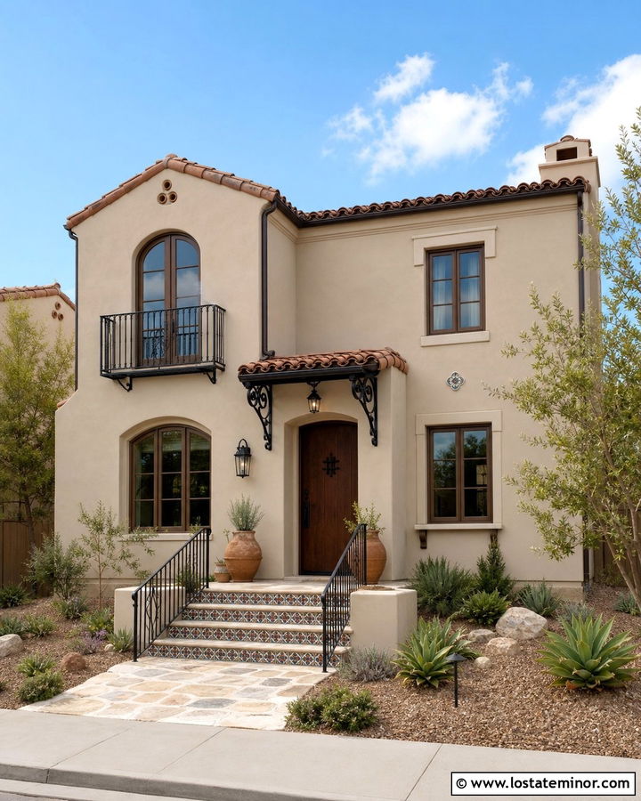 Greige Spanish House With Wrought Iron Awning - 30 Greige House Design With Awning Ideas