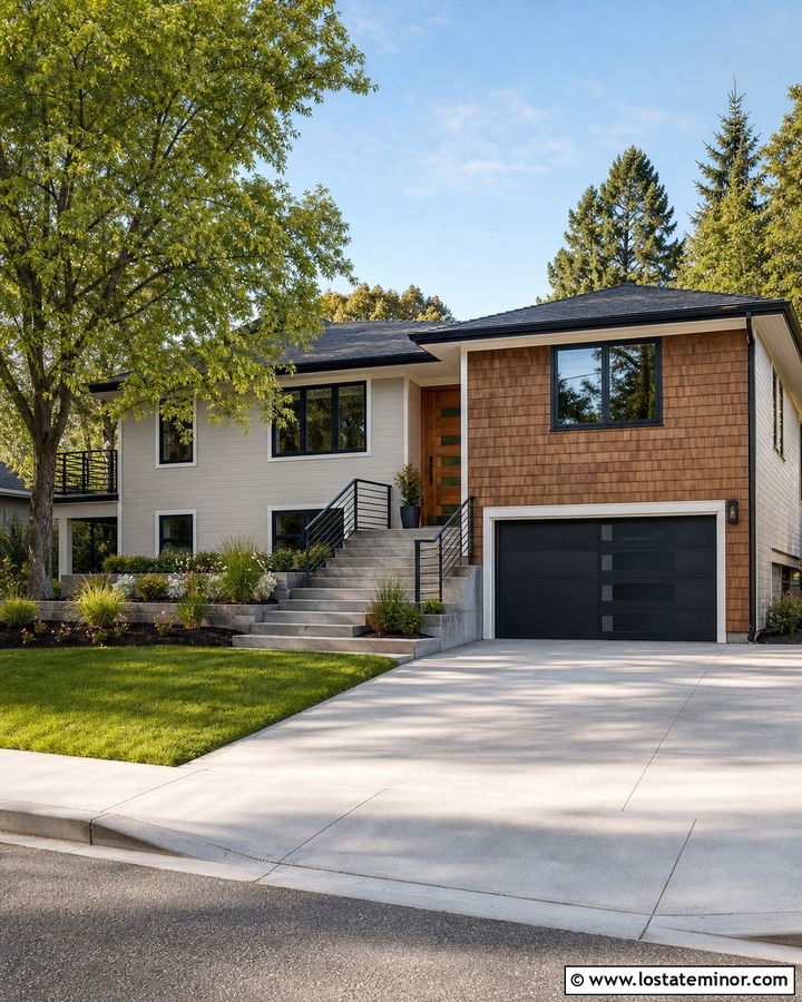 Greige Split Level House With Cedar Shake Garage - 30 Greige House Design With Cedar Shake Ideas