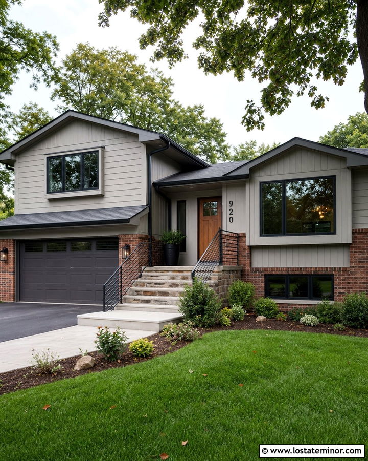 Greige Split Level House With Charcoal Railings - 30 Greige House Design With Railings Ideas