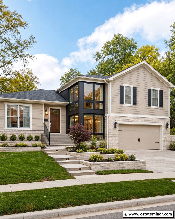 Greige Split Level House With Corner Sunroom - 30 Greige House Design With Sunroom Ideas