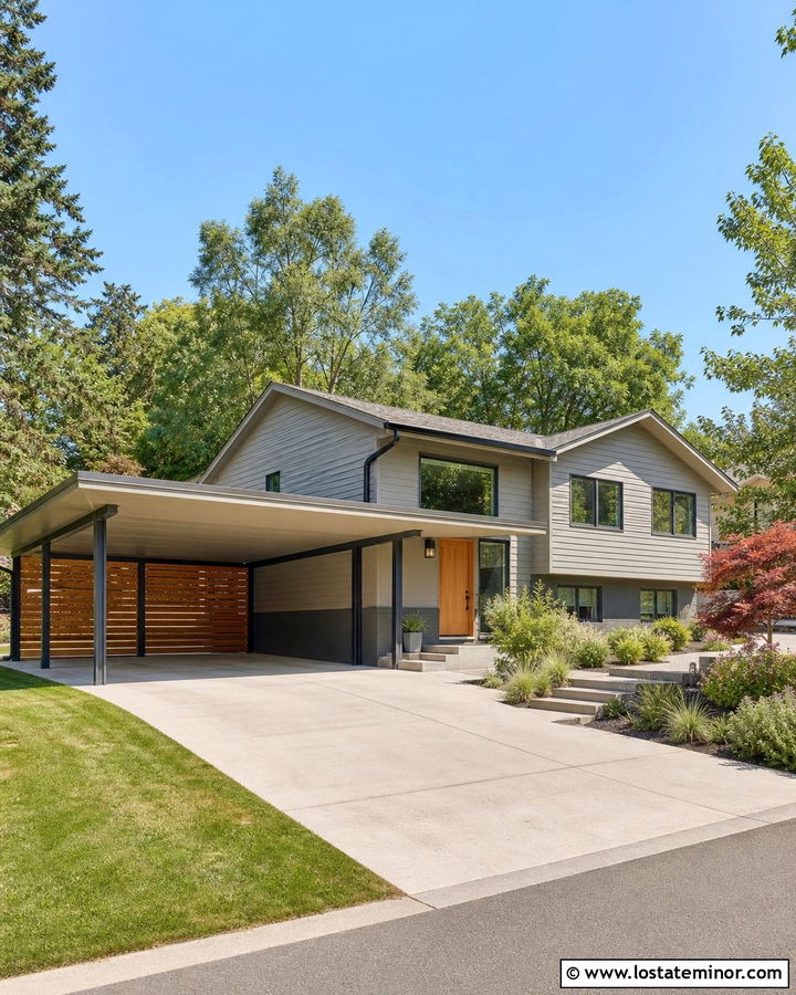 Greige Split Level House With Double Carport - 30 Greige House Design With Carport Ideas