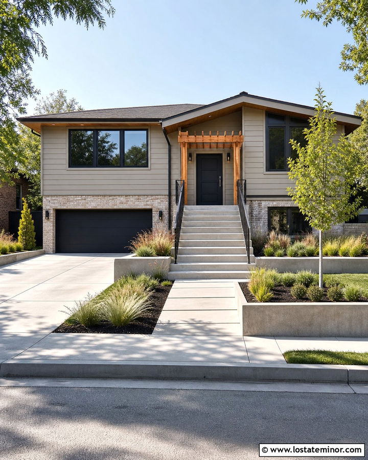 Greige Split Level House With Entry Pergola - 30 Greige House Design With Pergola Ideas