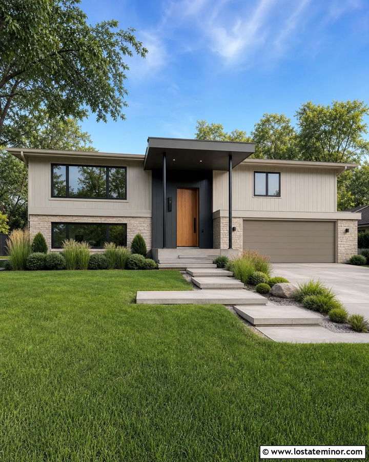 Greige Split Level House With Modern Portico - 30 Greige House Design With Portico Ideas