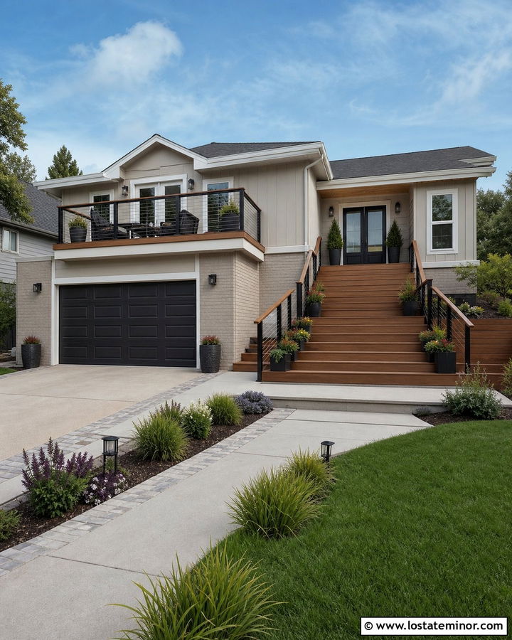 Greige Split Level House With Multi Level Deck - 30 Greige House Design With Deck Ideas