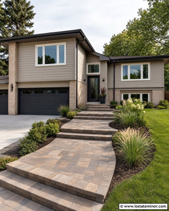 Greige Split Level House With Multicolor Paver Walkway - 30 Greige House Design With Walkway Ideas