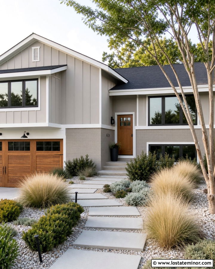 Greige Split Level House With Ornamental Grasses - 30 Greige House Design With Landscaping Ideas