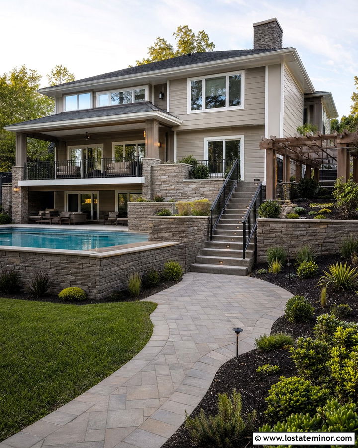 Greige Split Level House With Pool - 30 Greige House Design With Swimming Pool Ideas