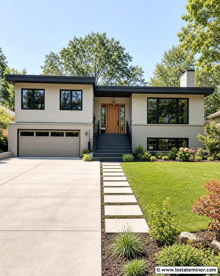 Greige Split Level With Black Window Frames - 30 Greige House Design With Window Frames Ideas