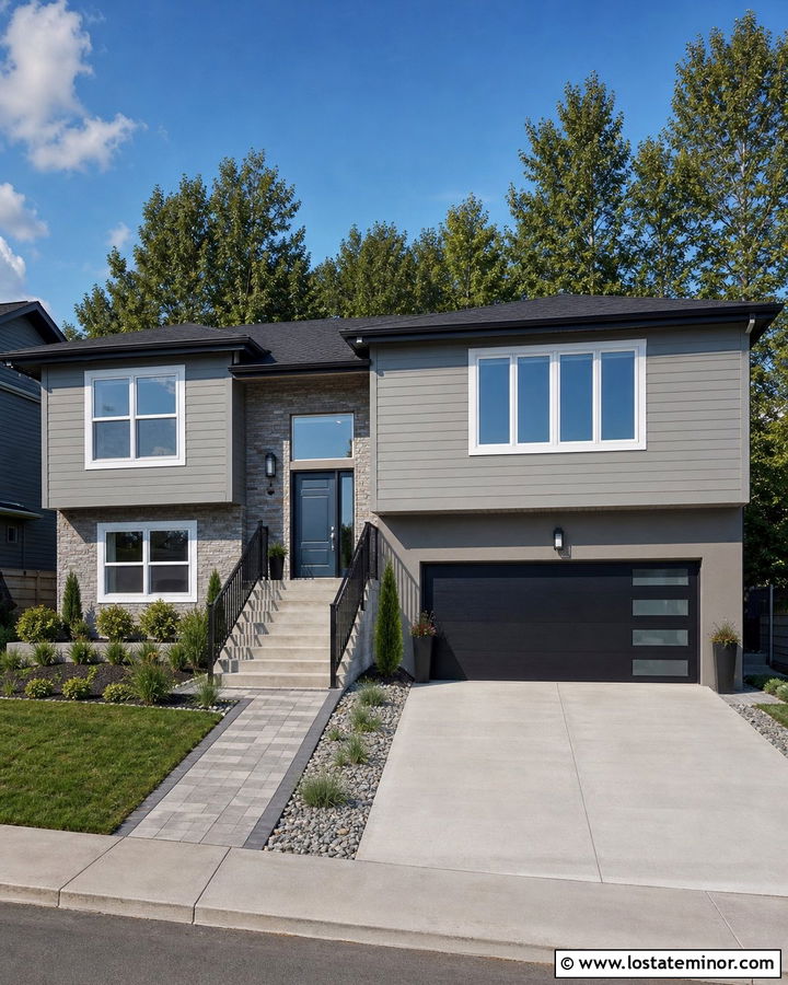 Greige Split Level With Blue Gray Door - 30 Greige House Design With Entry Door Ideas