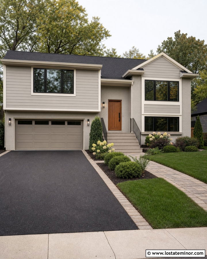Greige Split Level With Bordered Asphalt Driveway - 30 Greige House Design With Driveway Ideas