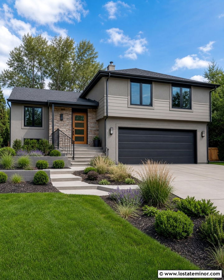 Greige Split Level With Charcoal Garage Door - 30 Greige House Design With Garage Door Ideas