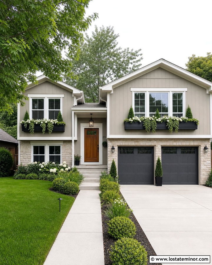 Greige Split Level With Charcoal Window Boxes - 30 Greige House Design With Window Boxes Ideas