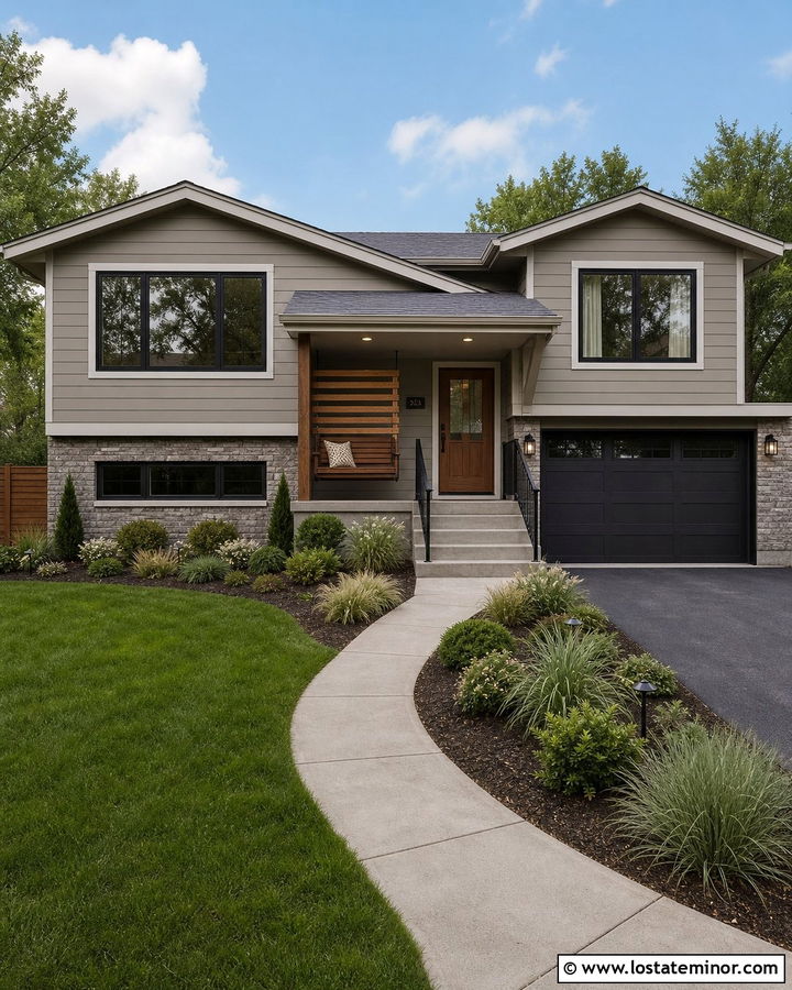 Greige Split Level With Covered Swing - 30 Greige House Design With Swing Ideas