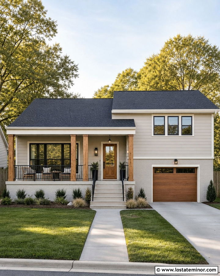 Greige Split Level With Front Porch Columns - 30 Greige House Design With Porch Columns Ideas